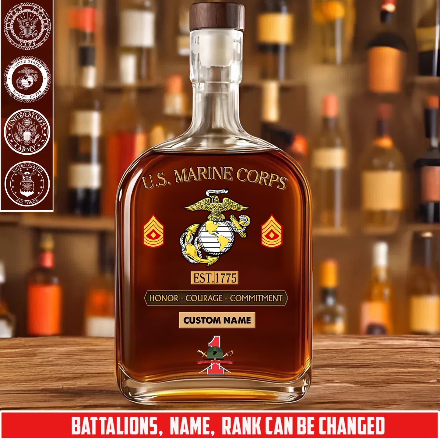 Marine Battalions - Personalized US Soldier/ Veteran With Rank, Name And Year Whiskey Bottle Glass - 1776988803