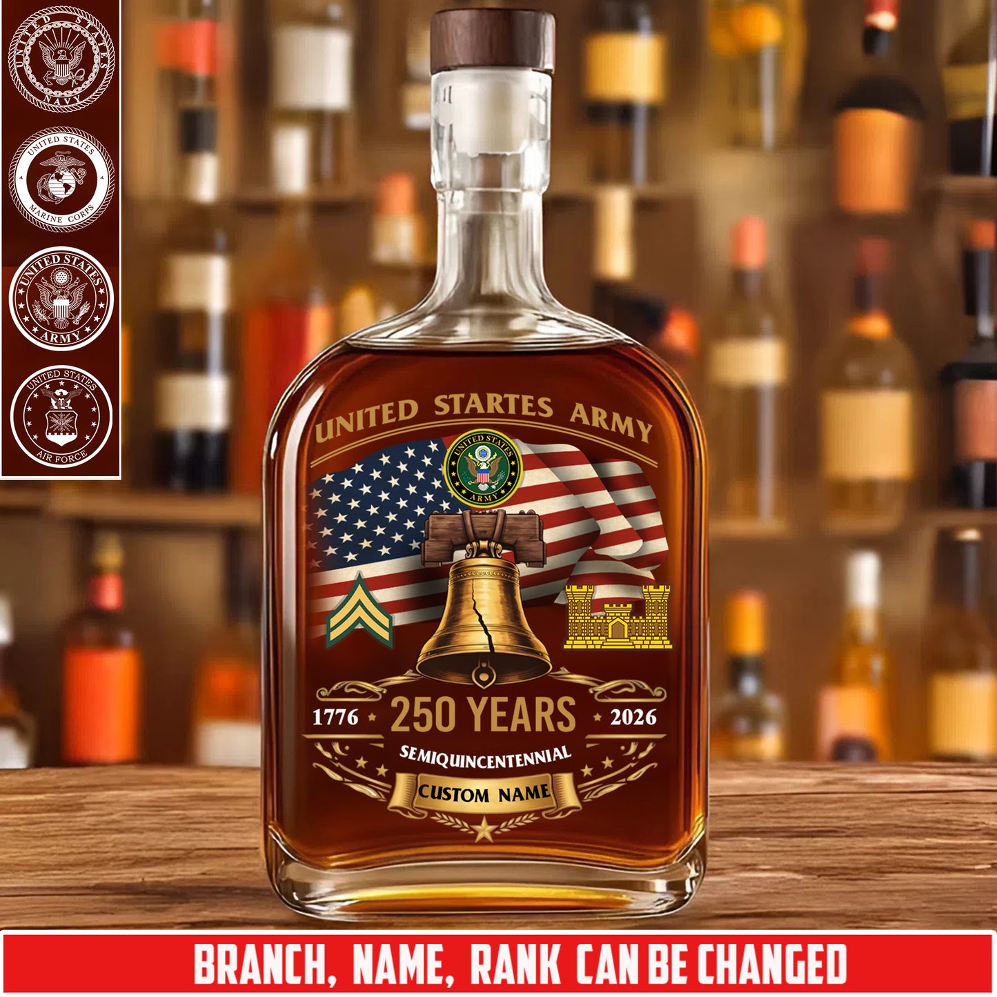 Army Branch - Personalized US Soldier/ Veteran With Rank, Name And Year Whiskey Bottle Glass - 1777248002