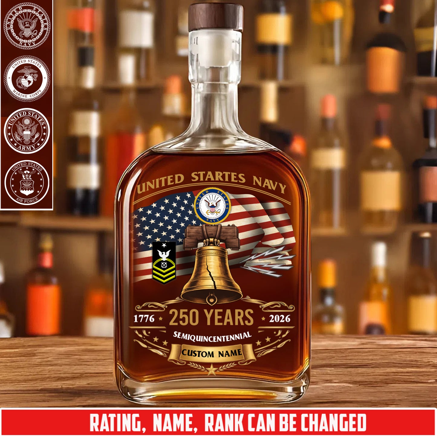 Navy Rating - Personalized US Soldier/ Veteran With Rank, Name And Year Whiskey Bottle Glass - 1777248002