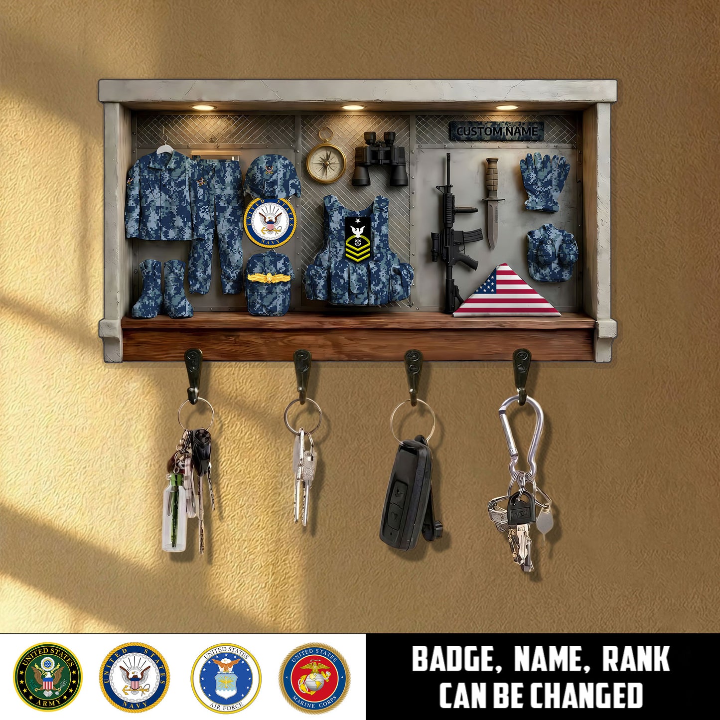 Navy Badge - Personalized US Veteran/ Soldier With Rank and Name Wooden Key Holder - 1776124803