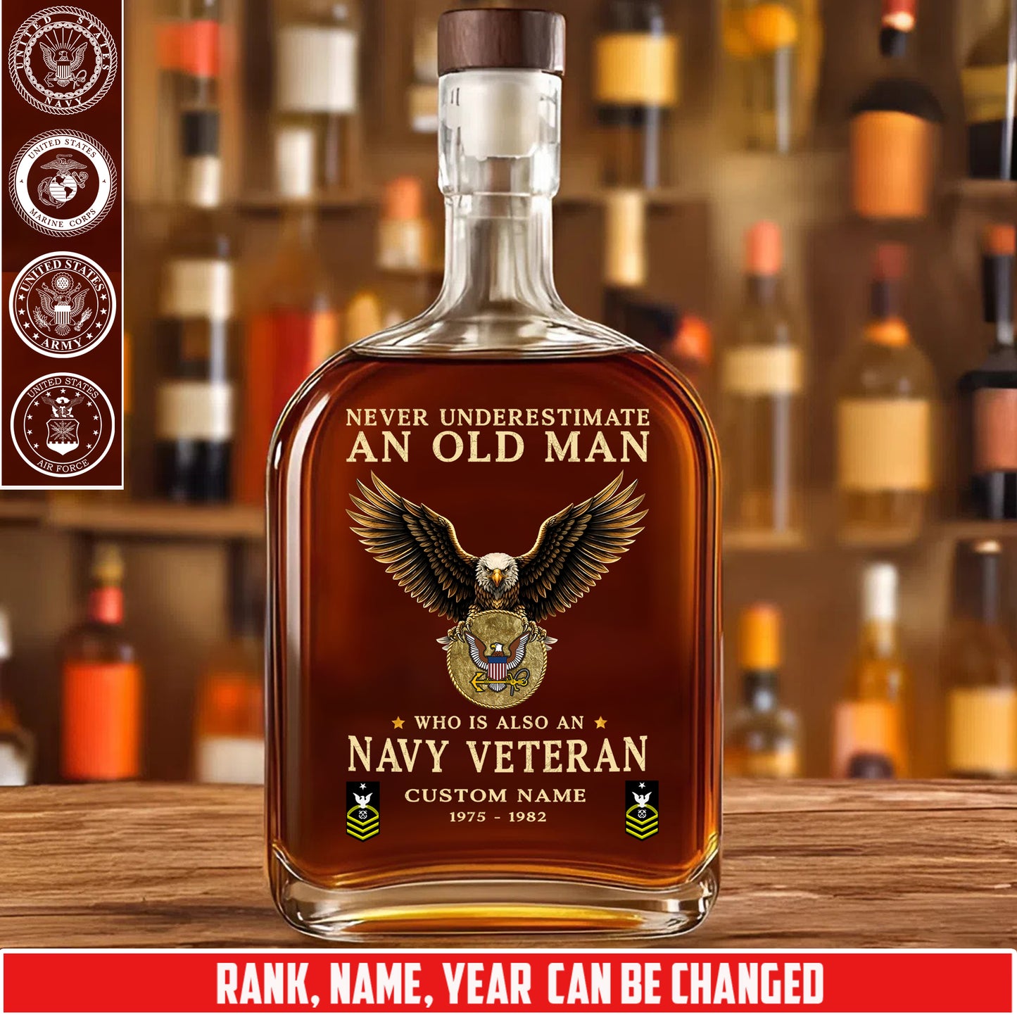 Navy Badge - Personalized US Soldier/ Veteran With Rank, Name And Year Whiskey Bottle Glass - 17769888