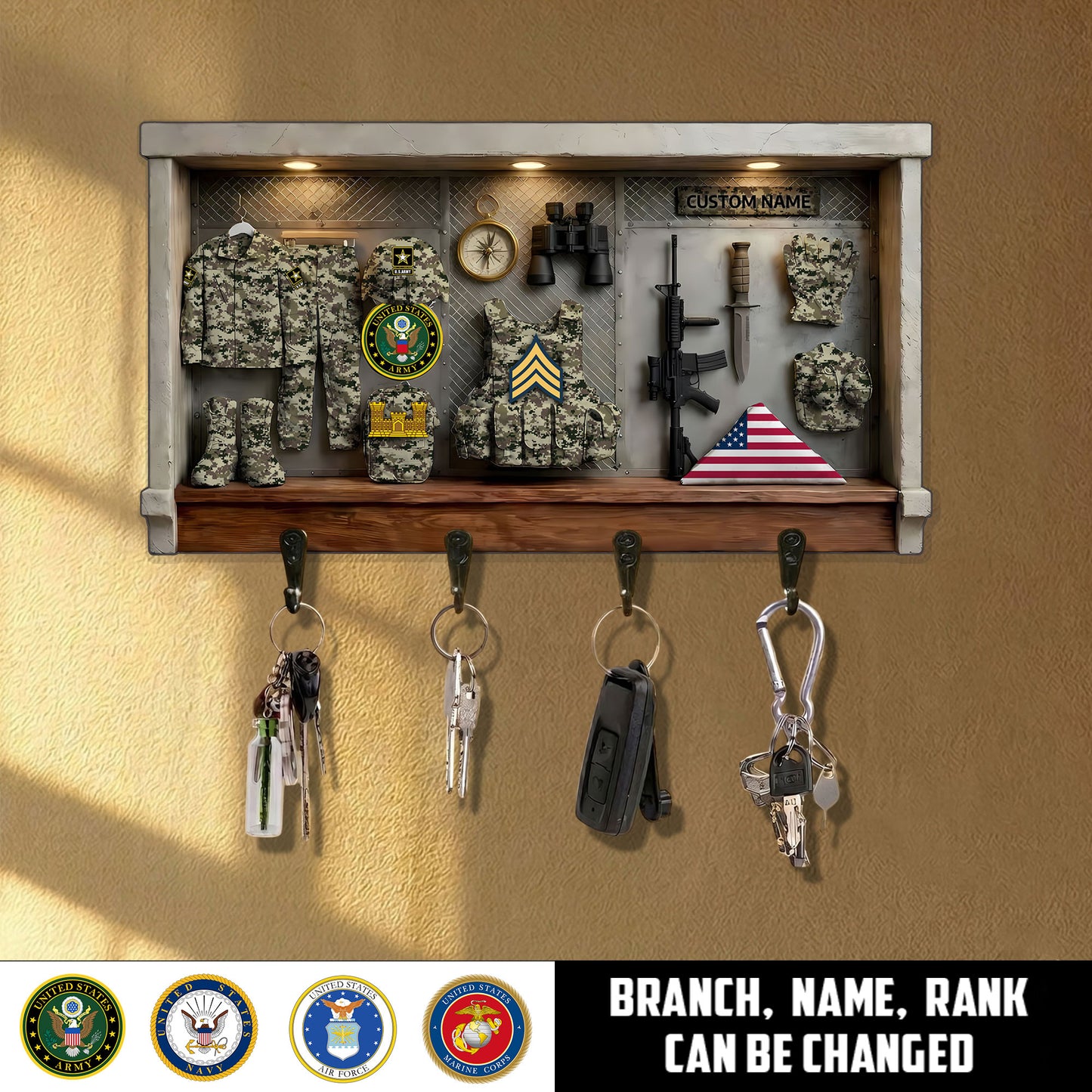 Army Branch - Personalized US Veteran/ Soldier With Rank and Name Wooden Key Holder - 1776124803