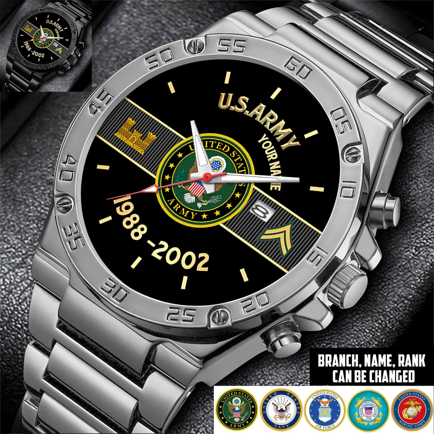 Army Branch - Personalized US Soldier/ Veteran With Name And Rank Gentleman Stainless Steel Watch - 17388000