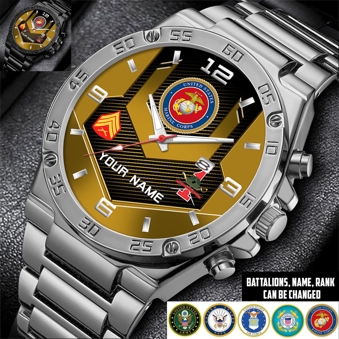 Marines Battalions - Personalized US Soldier/ Veteran With Name And Rank Gentleman Stainless Steel Watch - 17491680