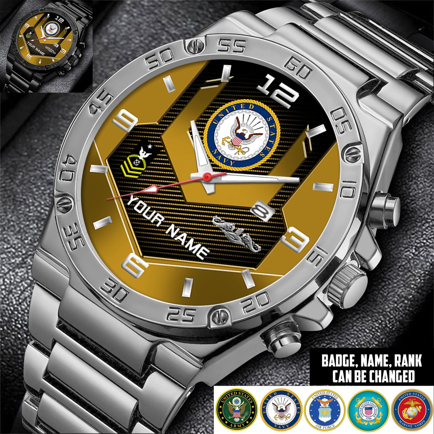 Navy Badge - Personalized US Soldier/ Veteran With Name And Rank Gentleman Stainless Steel Watch - 17491680