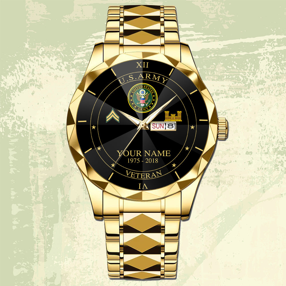 Army Branch - Personalized US Soldier/ Veteran Rank And Name Gentleman Crystal Metal Watch - 17448480