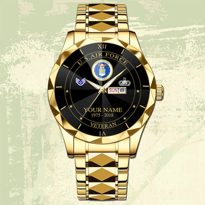 Air Force Badge - Personalized US Soldier/ Veteran Rank And Name Gentleman Crystal Metal Watch - 17448480