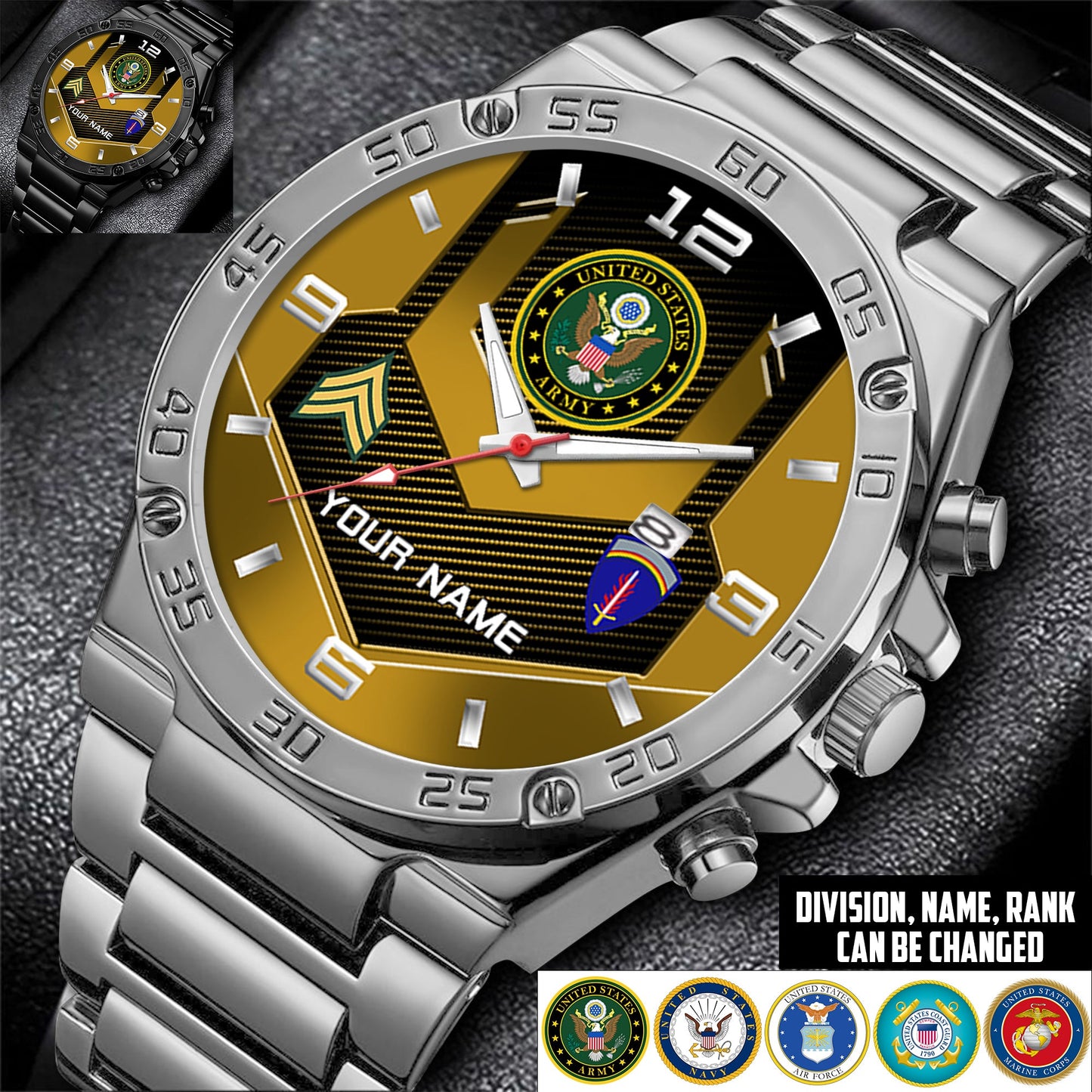 Army Division - Personalized US Soldier/ Veteran With Name And Rank Gentleman Stainless Steel Watch - 17491680