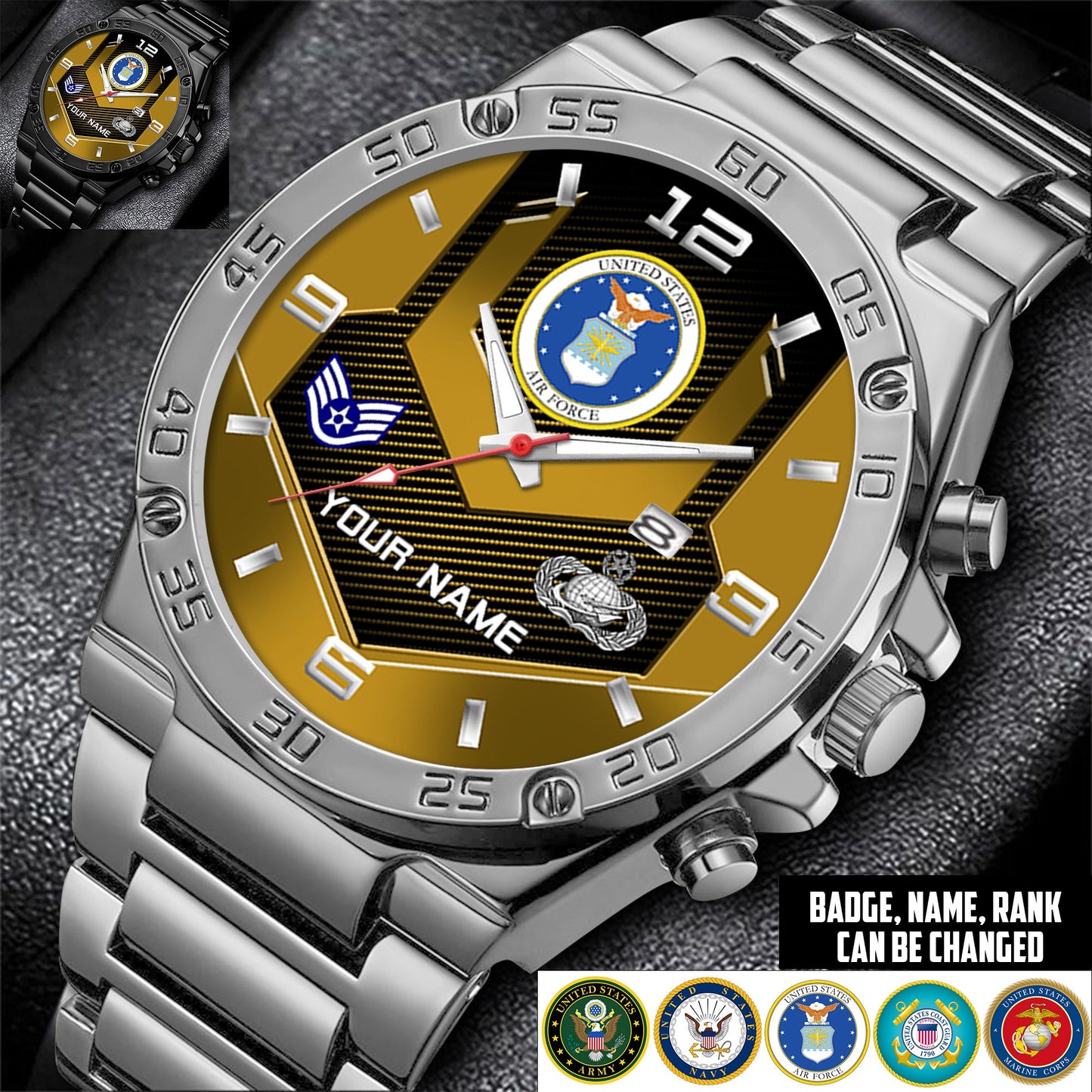 Air Force Badge - Personalized US Soldier/ Veteran With Name And Rank Gentleman Stainless Steel Watch - 17491680