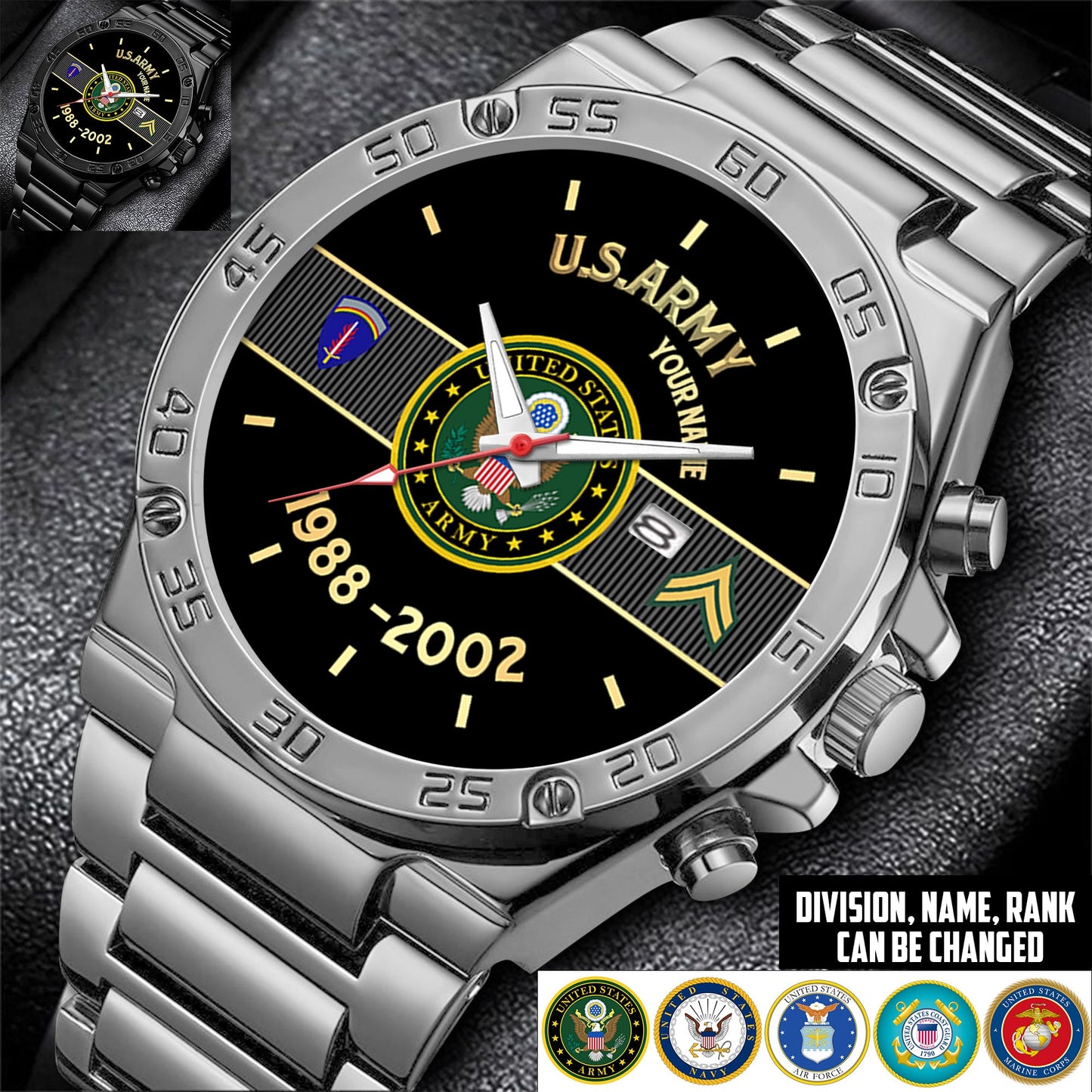 Army Division - Personalized US Soldier/ Veteran With Name And Rank Gentleman Stainless Steel Watch - 17388000