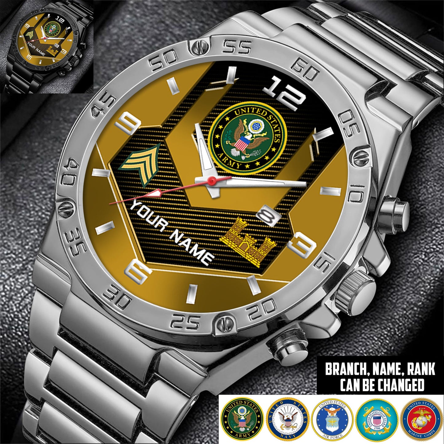 Army Branch - Personalized US Soldier/ Veteran With Name And Rank Gentleman Stainless Steel Watch - 17491680