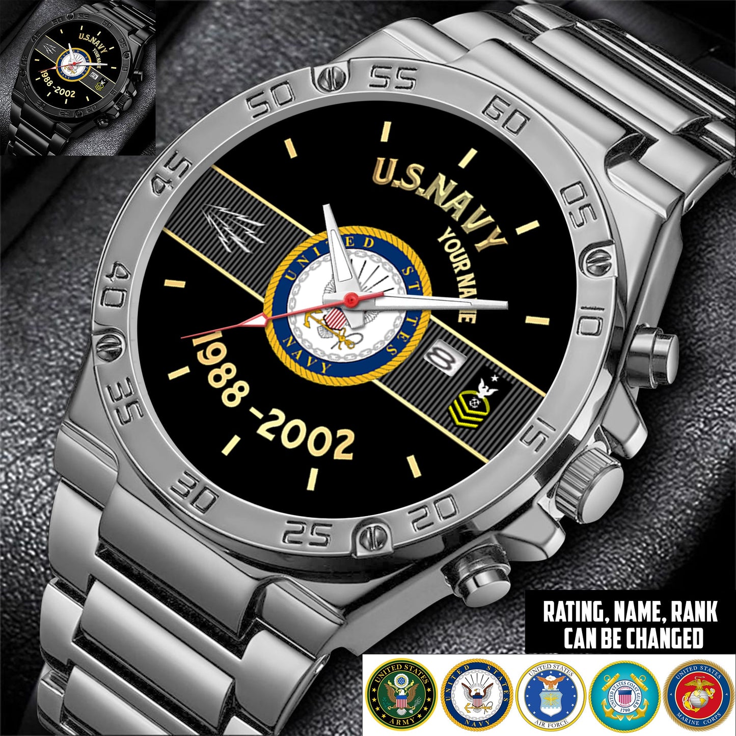 Navy Rating - Personalized US Soldier/ Veteran With Name And Rank Gentleman Stainless Steel Watch - 17388000