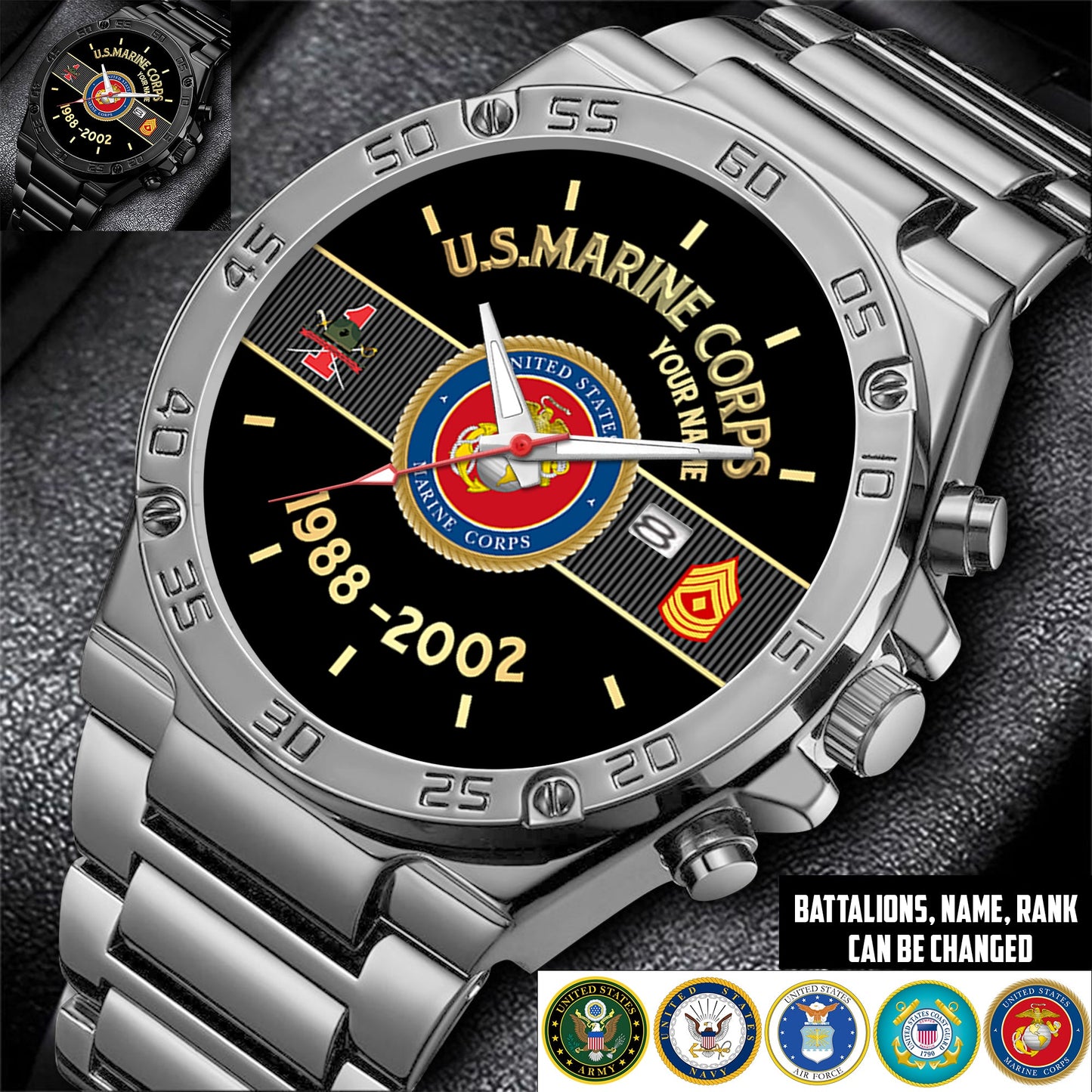 Marines Battalions - Personalized US Soldier/ Veteran With Name And Rank Gentleman Stainless Steel Watch - 17388000