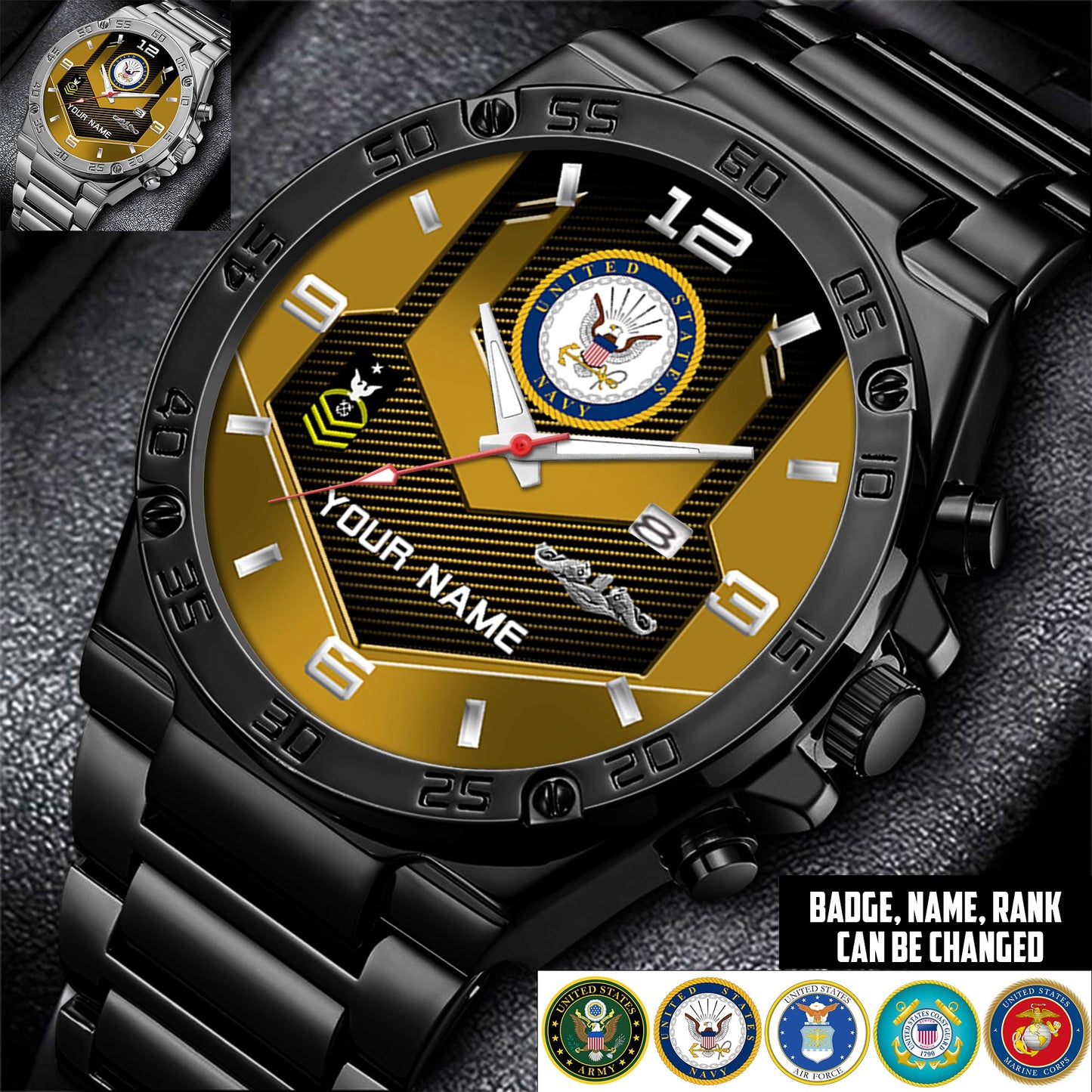 Navy Badge - Personalized US Soldier/ Veteran With Name And Rank Gentleman Stainless Steel Watch - 17491680