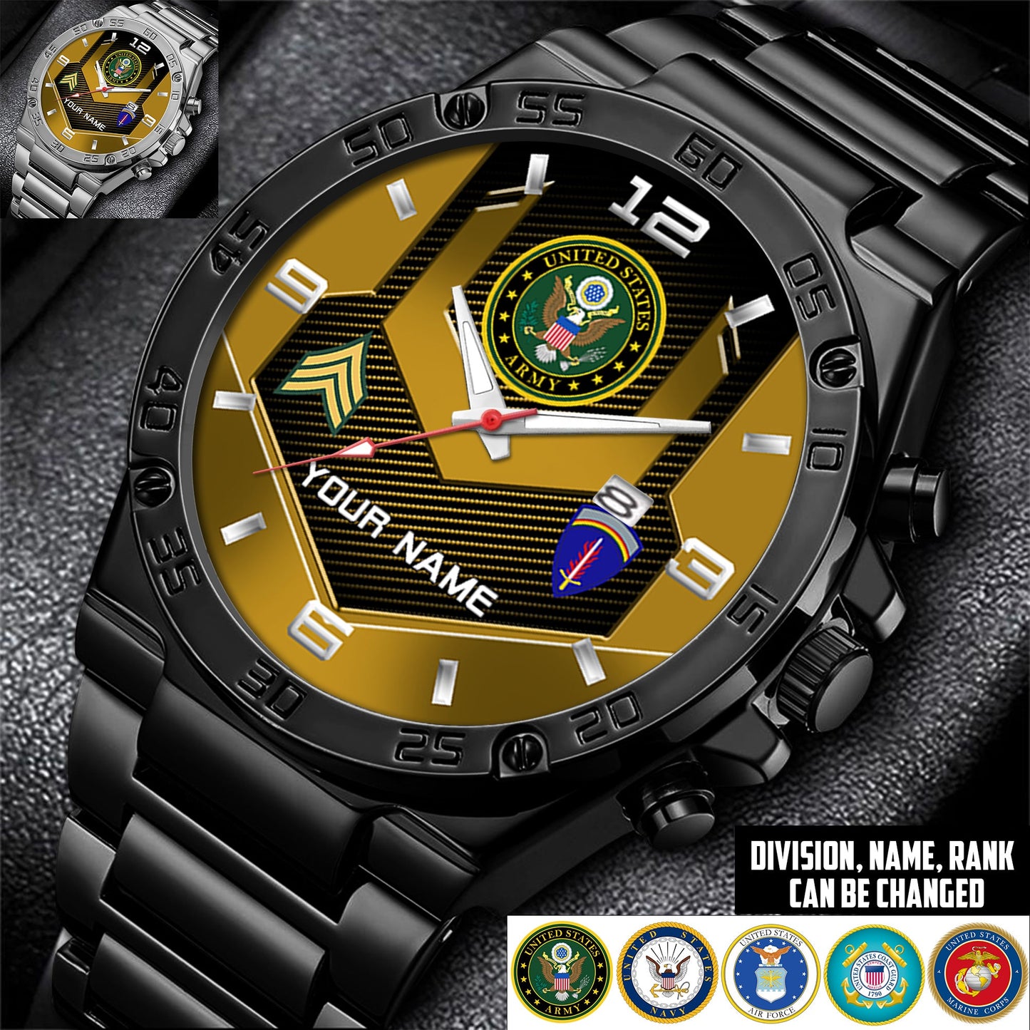 Army Division - Personalized US Soldier/ Veteran With Name And Rank Gentleman Stainless Steel Watch - 17491680