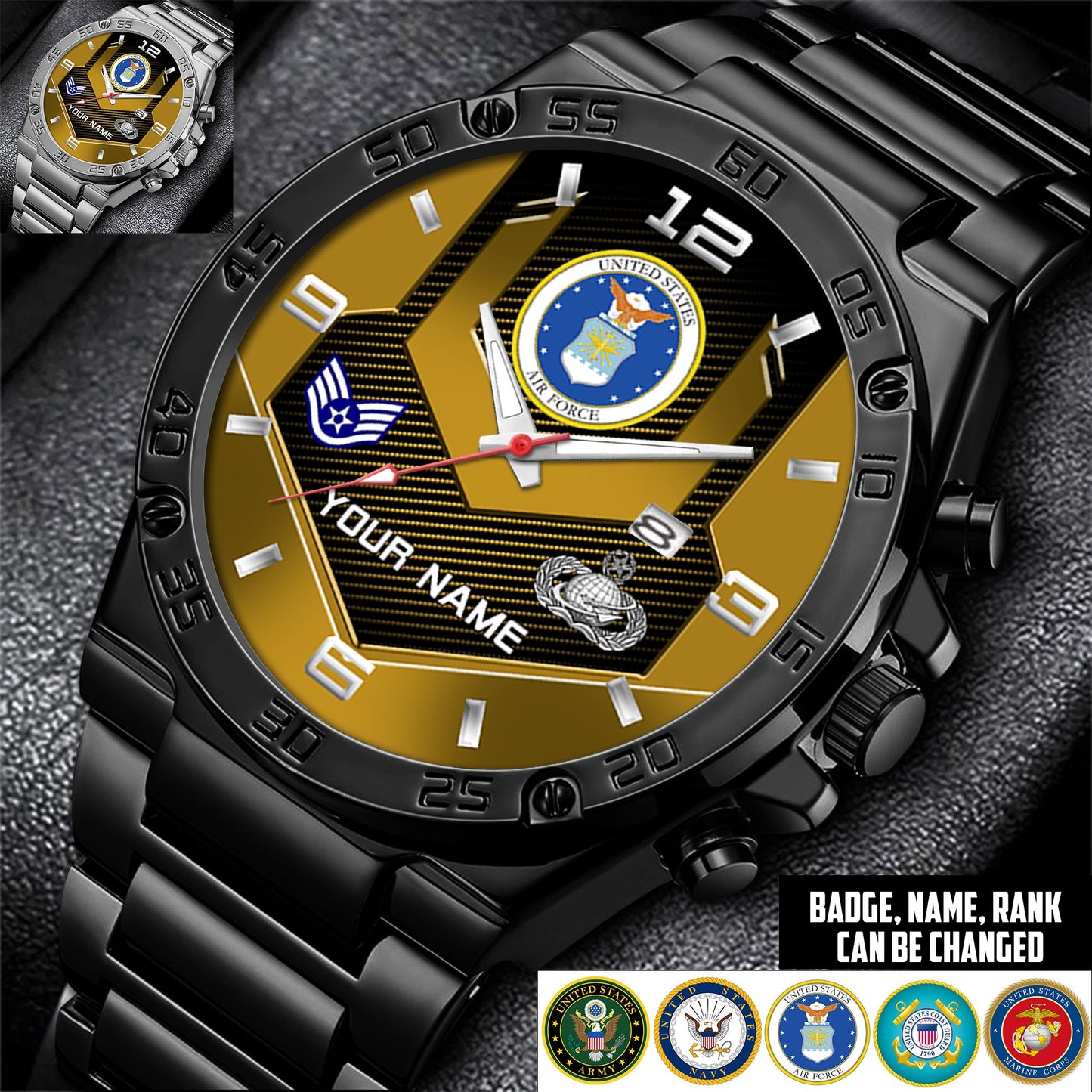 Air Force Badge - Personalized US Soldier/ Veteran With Name And Rank Gentleman Stainless Steel Watch - 17491680
