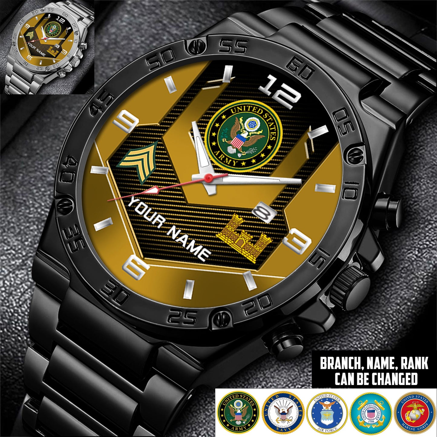 Army Branch - Personalized US Soldier/ Veteran With Name And Rank Gentleman Stainless Steel Watch - 17491680