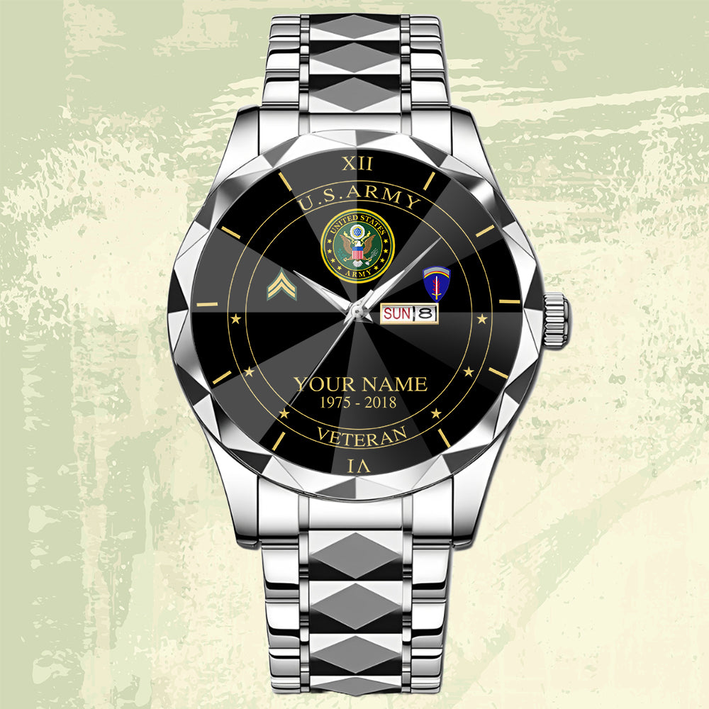 Army Division - Personalized US Soldier/ Veteran Rank And Name Gentleman Crystal Metal Watch - 17448480
