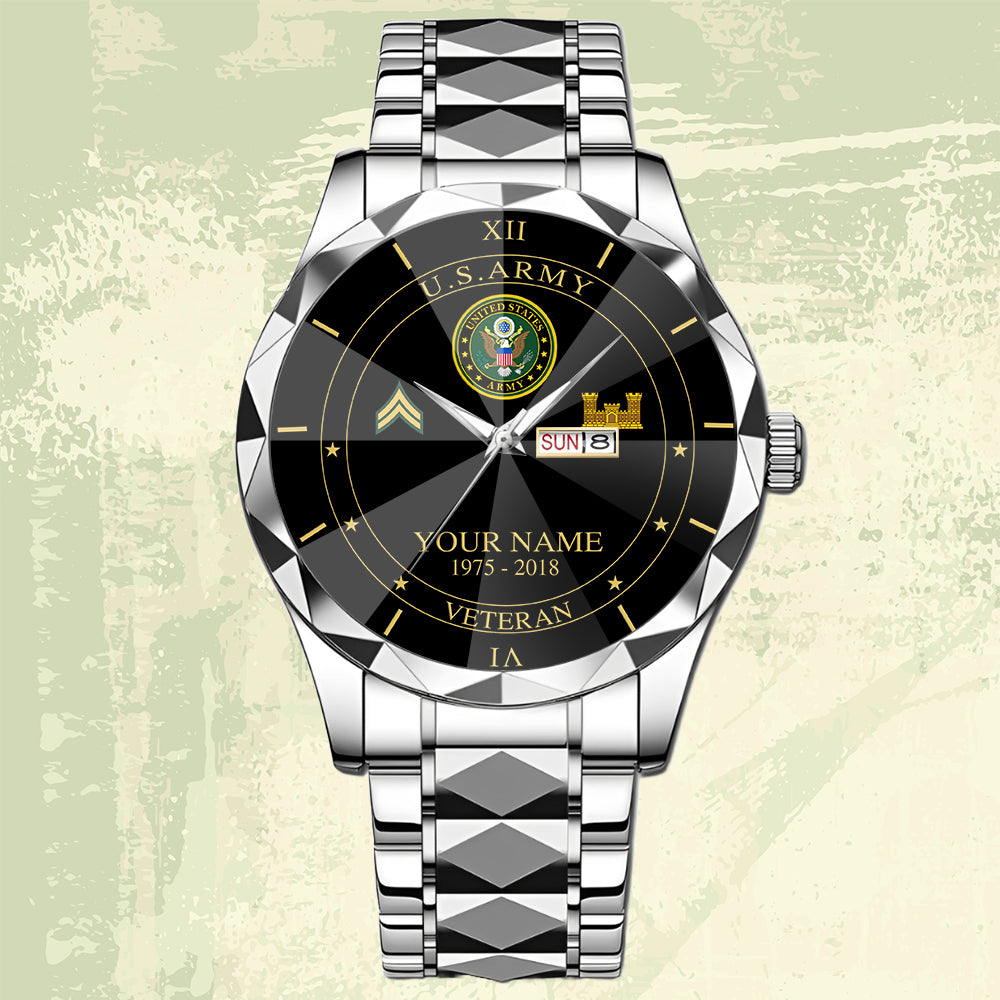 Army Branch - Personalized US Soldier/ Veteran Rank And Name Gentleman Crystal Metal Watch - 17448480