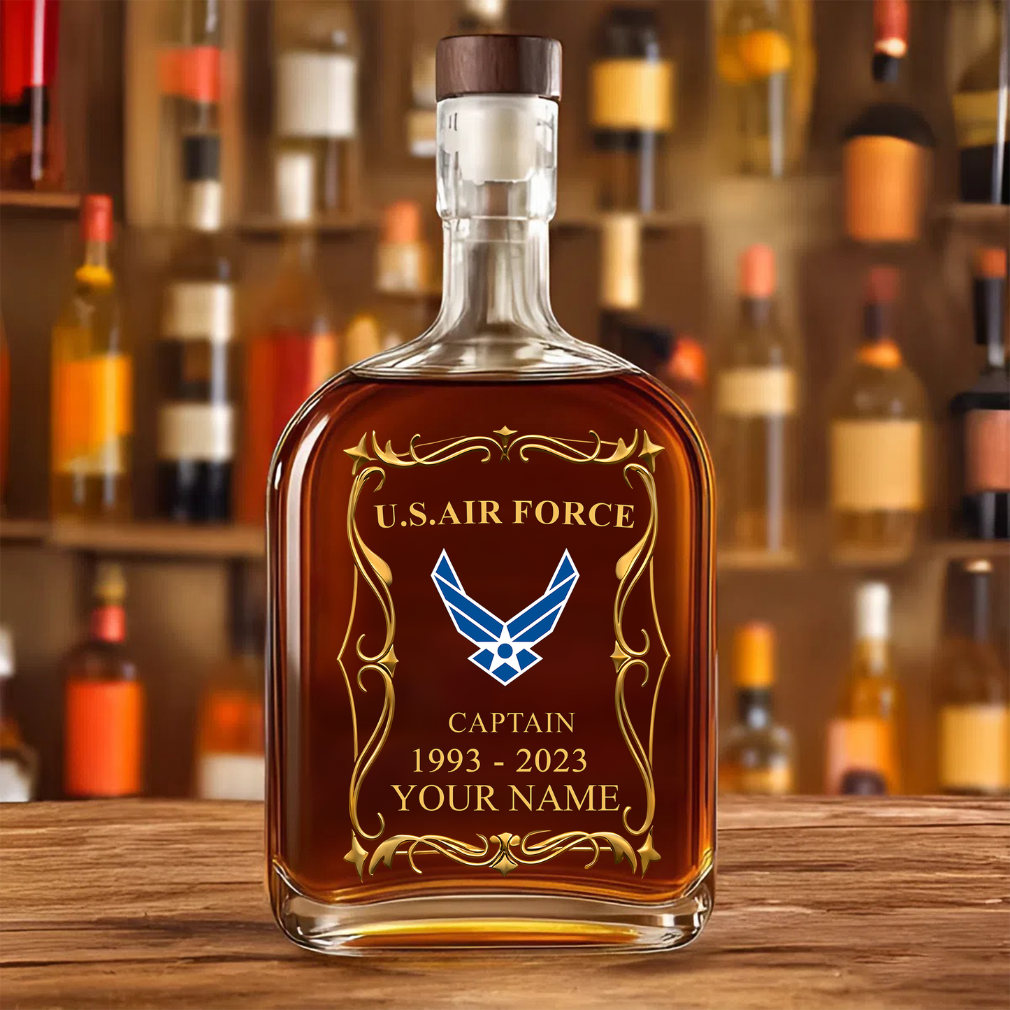 Air Force Badge - Personalized US Soldier/ Veteran With Rank, Name And Year Whiskey Bottle Glass - 17754084
