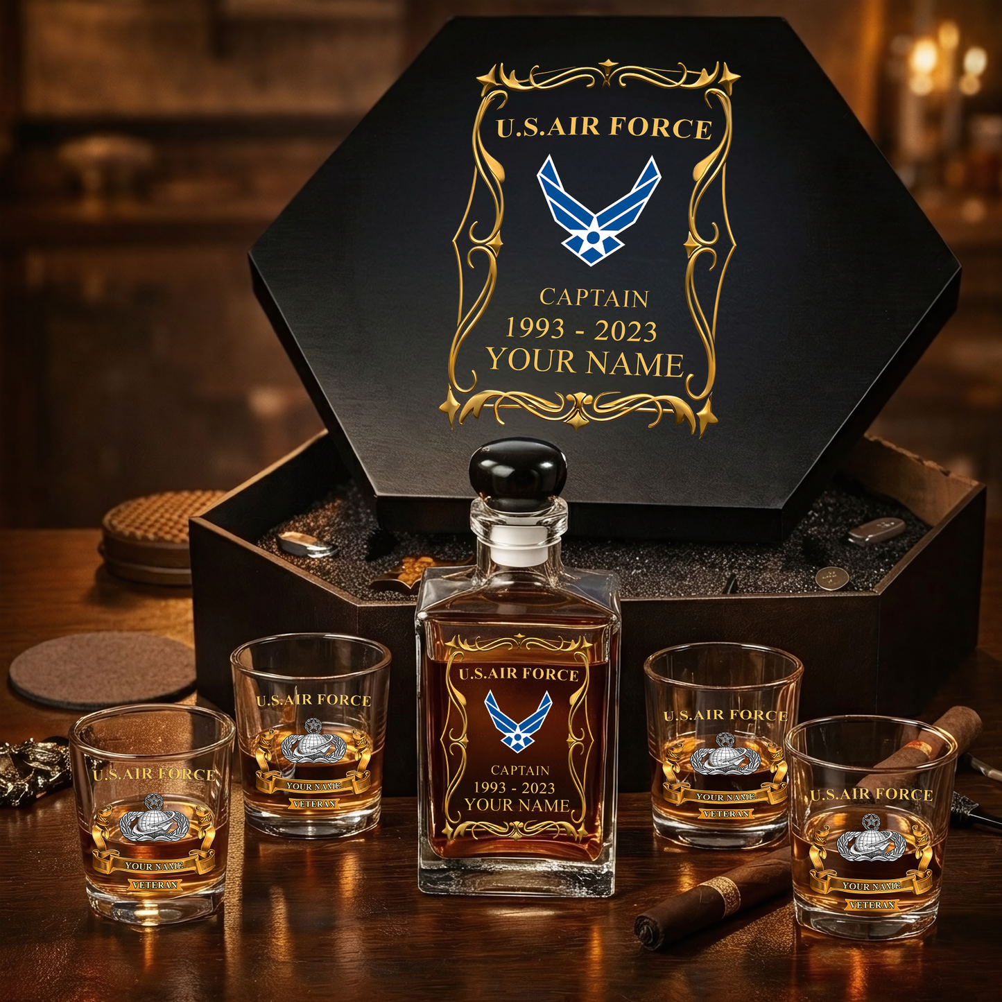 Air Force Badge- Personalized US Soldier/ Veteran Premium Whiskey Decanter Set – Personalized Gift Box - 17754084