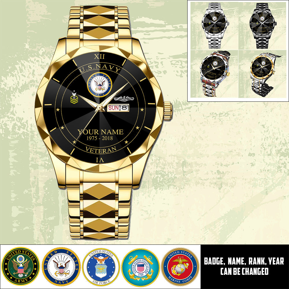 Navy Badge - Personalized US Soldier/ Veteran Rank And Name Gentleman Crystal Metal Watch - 17448480