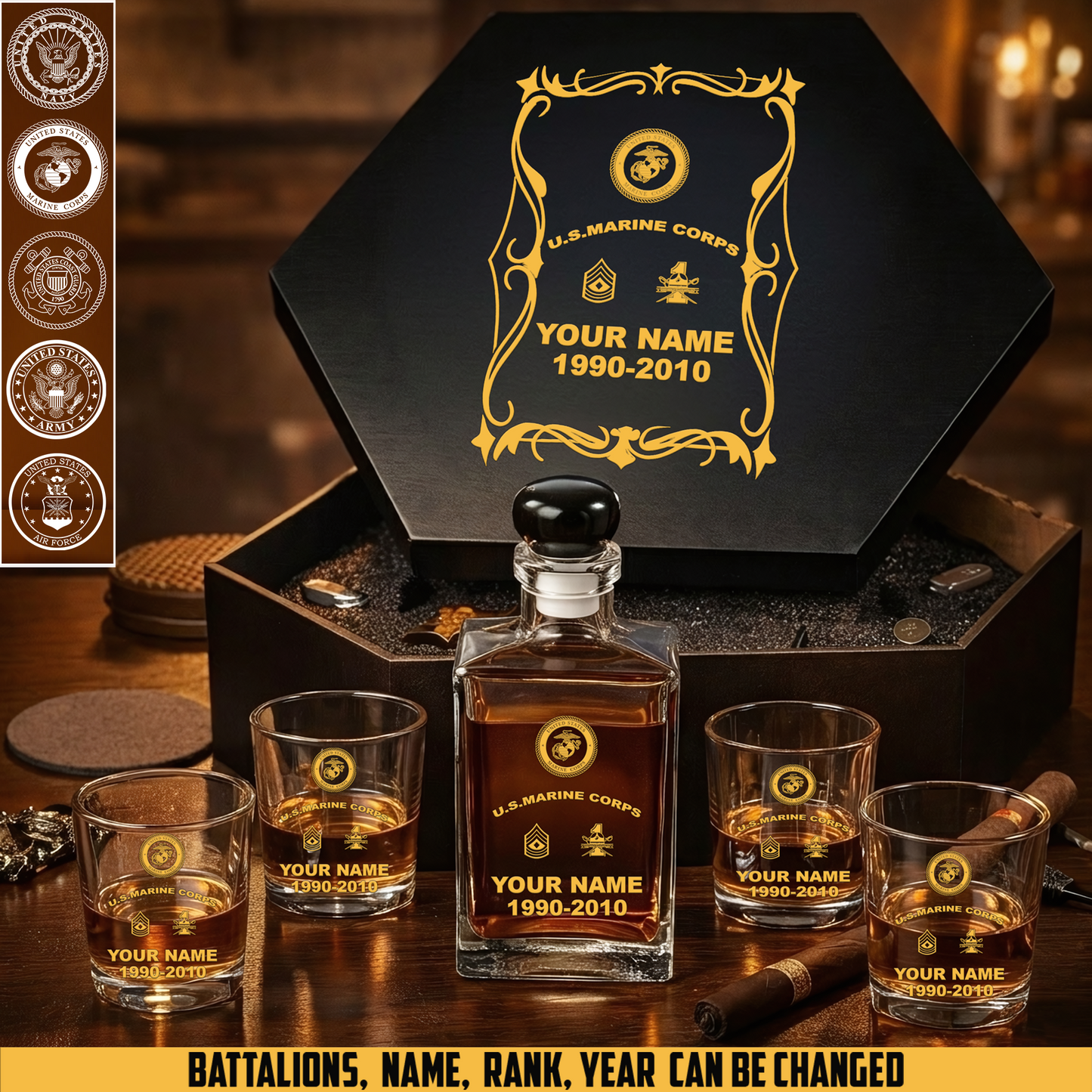 Marines Battalions - Personalized US Soldier/ Veteran Premium Whiskey Decanter Set – Personalized Gift Box - 17750880