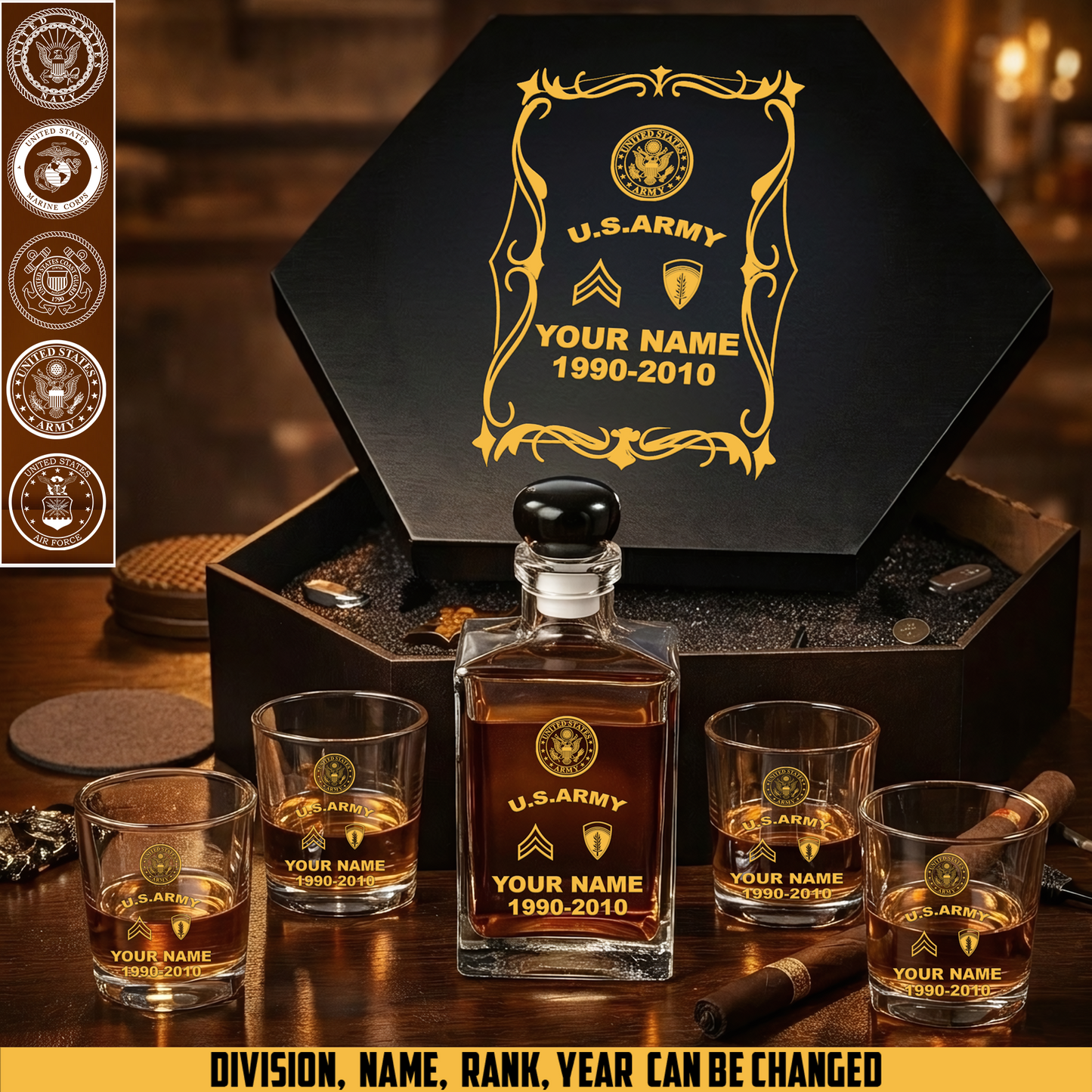 Army Division - Personalized US Soldier/ Veteran Premium Whiskey Decanter Set – Personalized Gift Box - 17750880