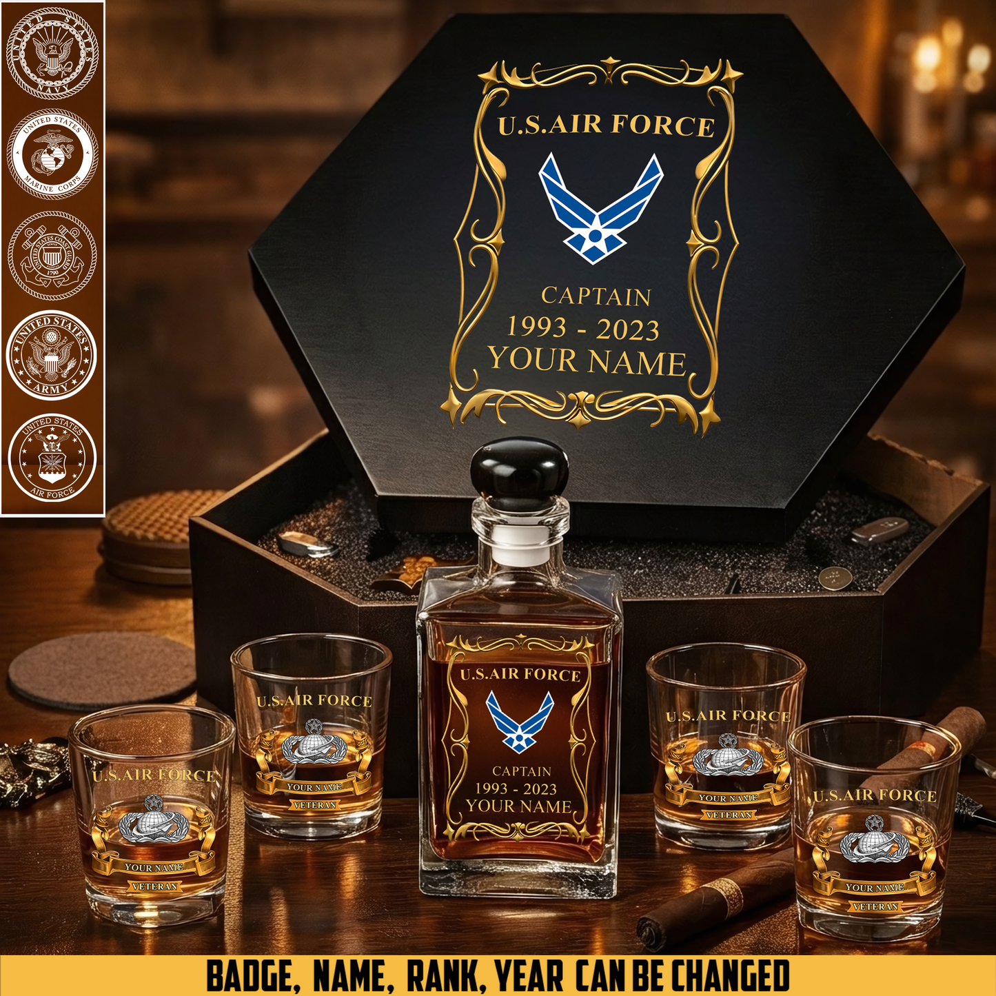 Air Force Badge- Personalized US Soldier/ Veteran Premium Whiskey Decanter Set – Personalized Gift Box - 17754084