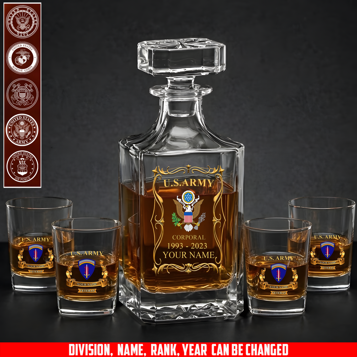 Army Division - Personalized US Soldier/ Veteran Rank, Year And Name - Whiskey Decanter Set - 17754084