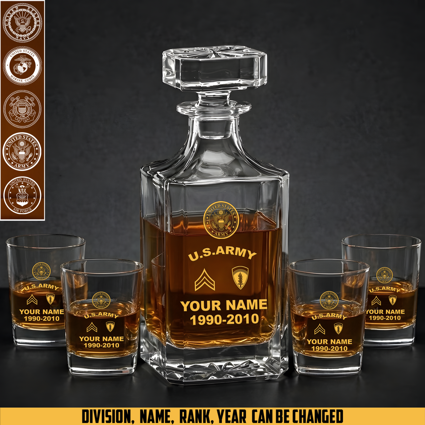 Army Division- Personalized US Soldier/ Veteran Rank, Year And Name - Whiskey Decanter Set - 17750880