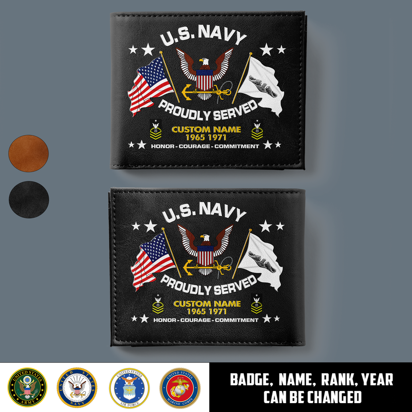 Navy Badge - Personalized US Soldier/ Veteran With Rank, Year And Name Leather Wallet - 1775692802