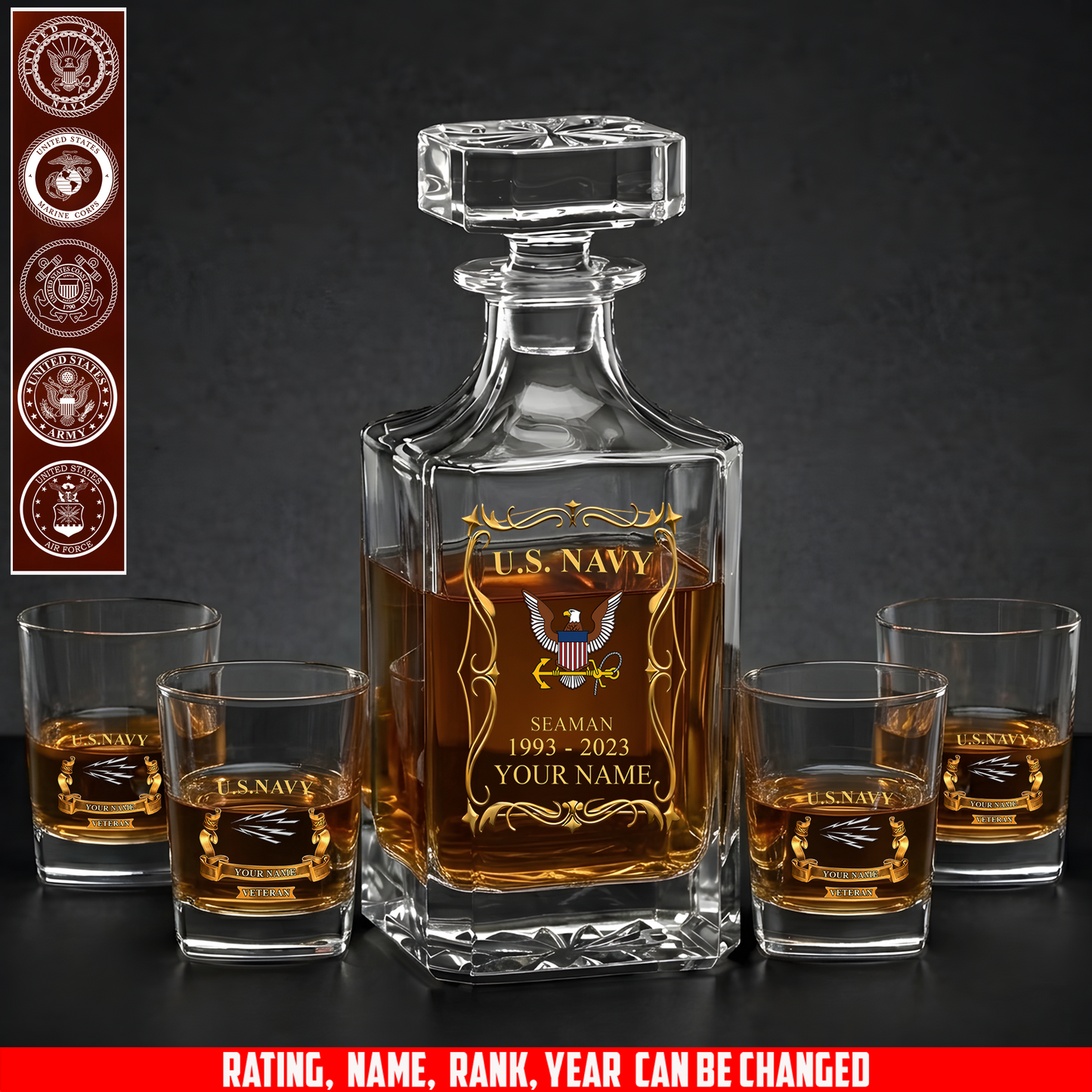 Navy Rating - Personalized US Soldier/ Veteran Rank, Year And Name - Whiskey Decanter Set - 17754084