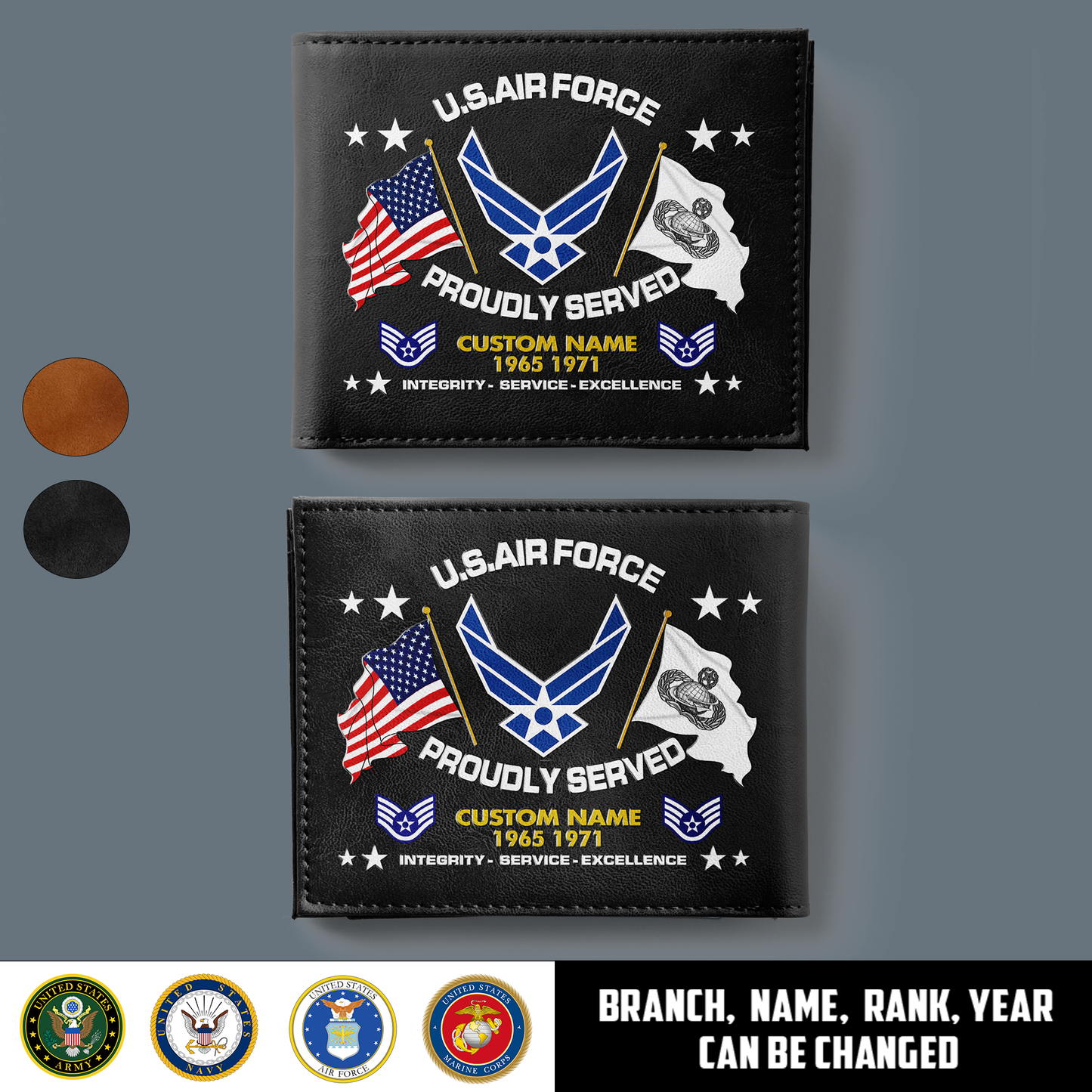 Air Force Badge - Personalized US Soldier/ Veteran With Rank, Year And Name Leather Wallet - 1775692802