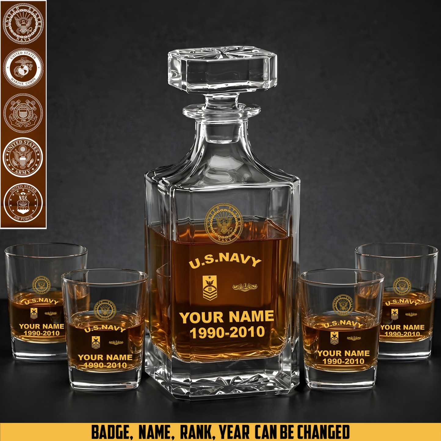 Navy Badge - Personalized US Soldier/ Veteran Rank, Year And Name - Whiskey Decanter Set - 17750880