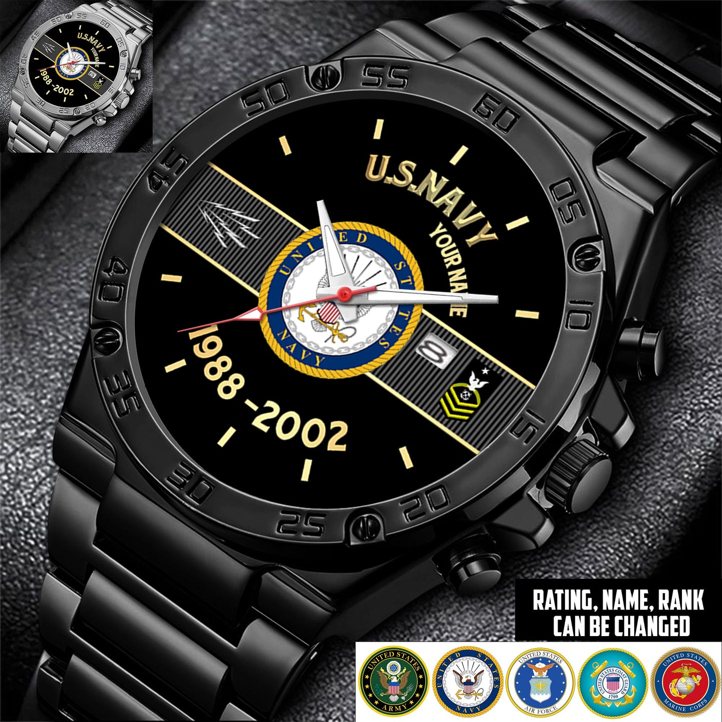 Navy Rating - Personalized US Soldier/ Veteran With Name And Rank Gentleman Stainless Steel Watch - 17388000
