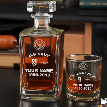 Navy Badge - Personalized US Soldier/ Veteran Rank, Year And Name - Whiskey Decanter Set - 17750880