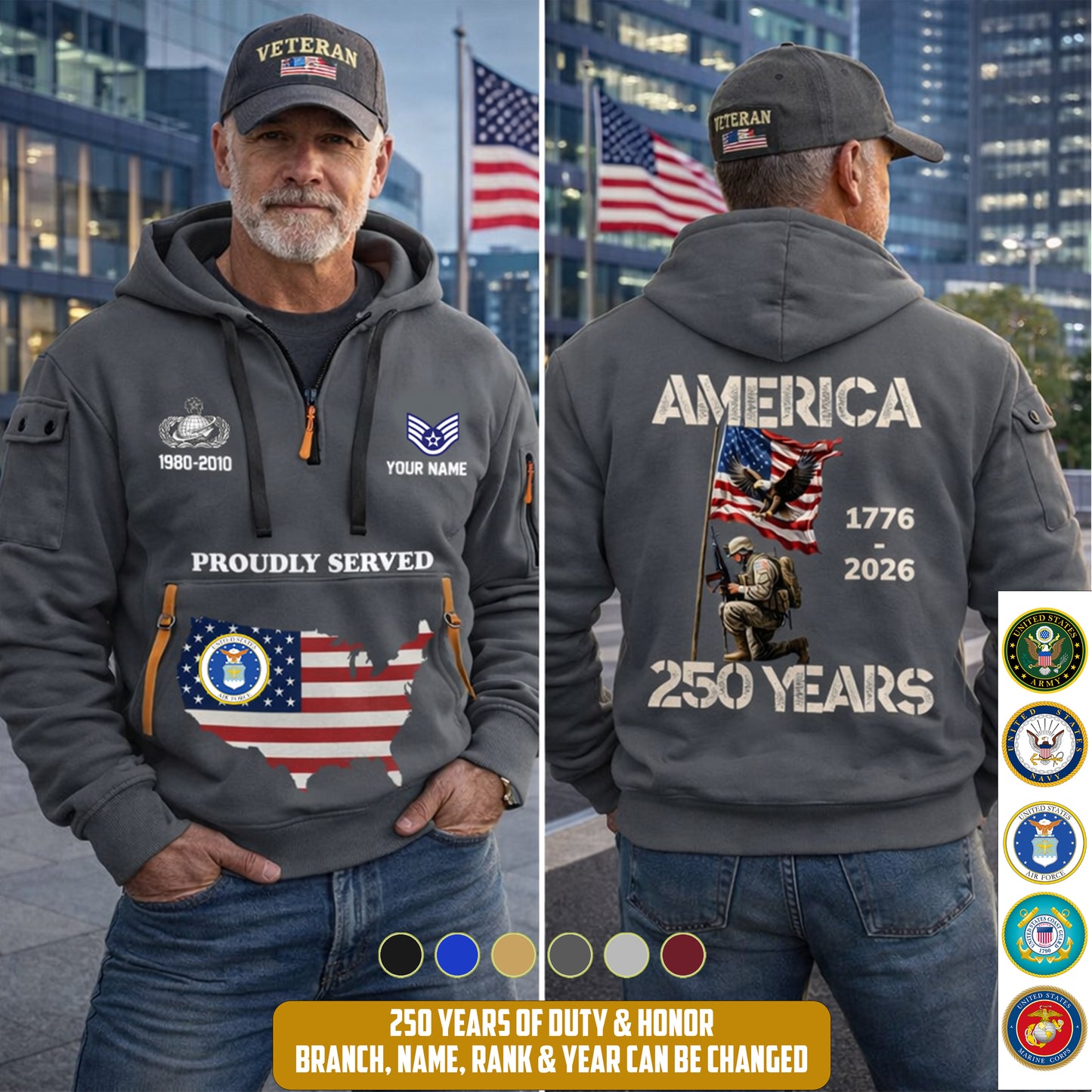 Navy Badge - Personalized America 250 Years Zip Hoodie Multicolor, Custom U.S. Soldier Branch Hoodie, Happy Independence Day, 4th Of July Zip Hoodie - 1769040002