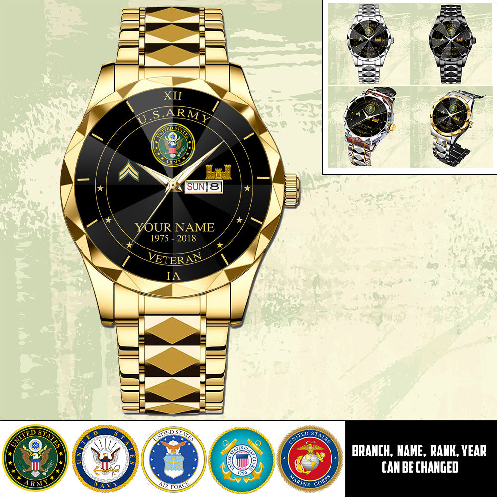 Army Branch - Personalized US Soldier/ Veteran Rank And Name Gentleman Crystal Metal Watch - 17448480