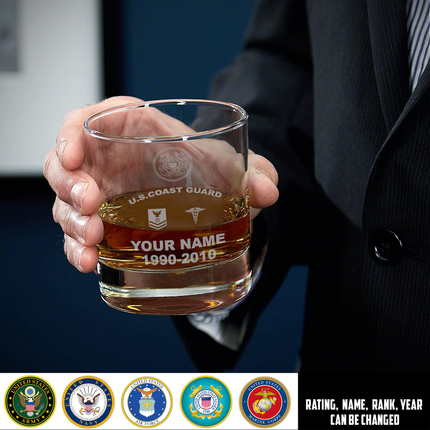 Coast Guard Rating - Personalized US Soldier/ Veteran With Rank, Name and Year Whiskey Glass - 17750880