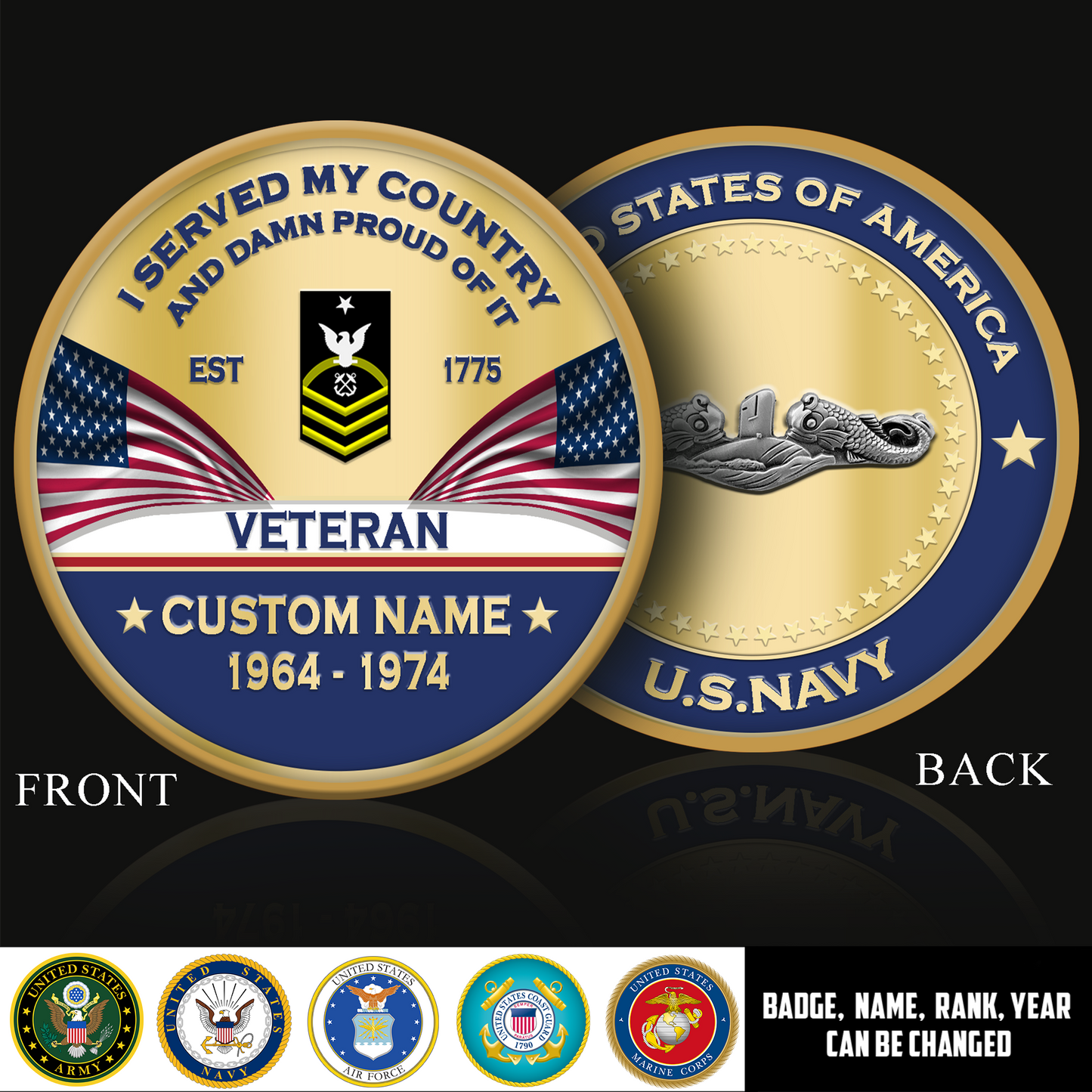Navy Badge - Personalized US Veteran/ Soldier With Rank,  Name And Year Challenge Coin - 1775779203