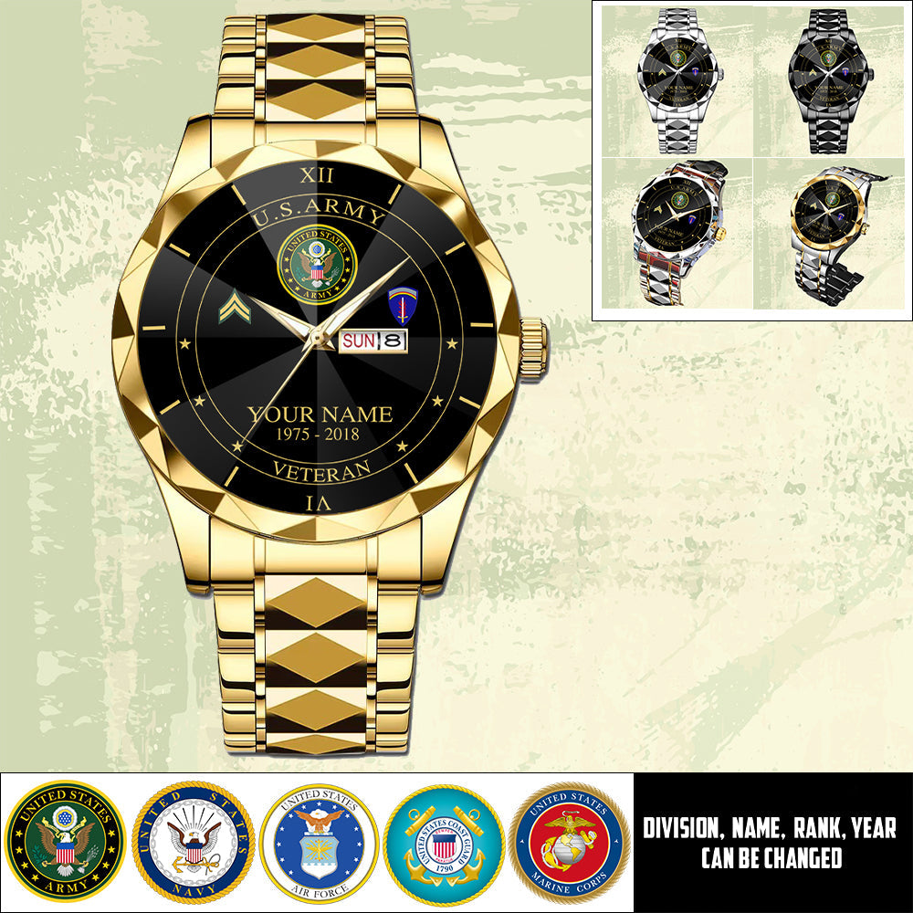 Army Division - Personalized US Soldier/ Veteran Rank And Name Gentleman Crystal Metal Watch - 17448480