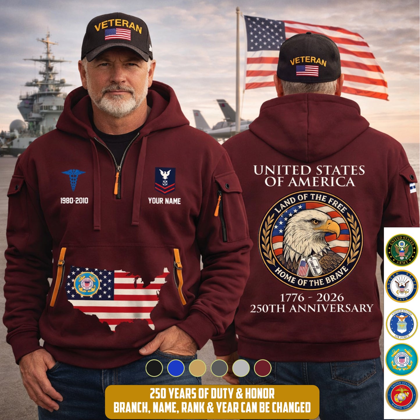 Coast Guard Rating - Personalized 250th America Anniversary Zip Hoodie Multicolor, Land Of The Free Home Of The Brave Zip Hoodie, Custom Military Branch Hoodie - 17691264