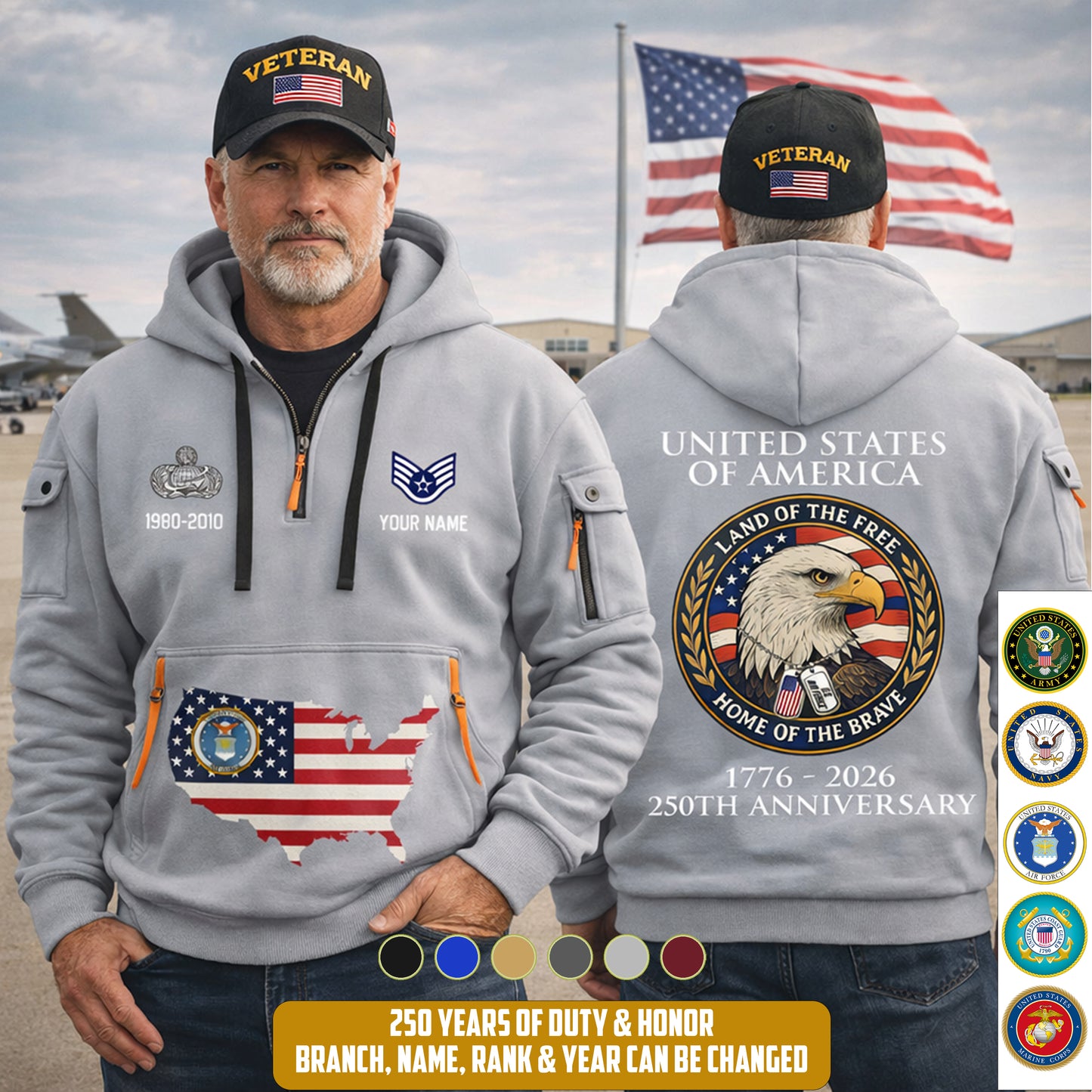 Air Force Badge - Personalized 250th America Anniversary Zip Hoodie Multicolor, Land Of The Free Home Of The Brave Zip Hoodie, Custom Military Branch Hoodie - 17691264