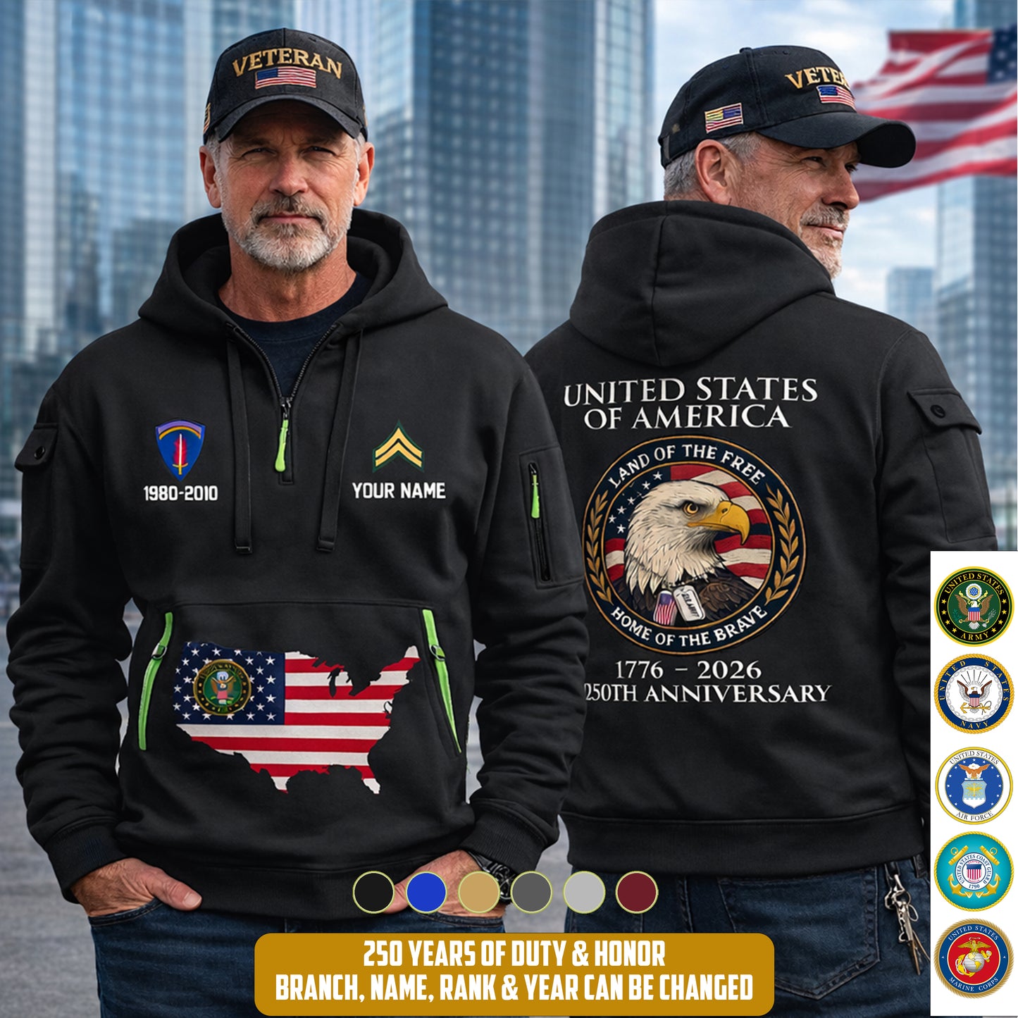 Army Division - Personalized 250th America Anniversary Zip Hoodie Multicolor, Land Of The Free Home Of The Brave Zip Hoodie, Custom Military Branch Hoodie - 17691264