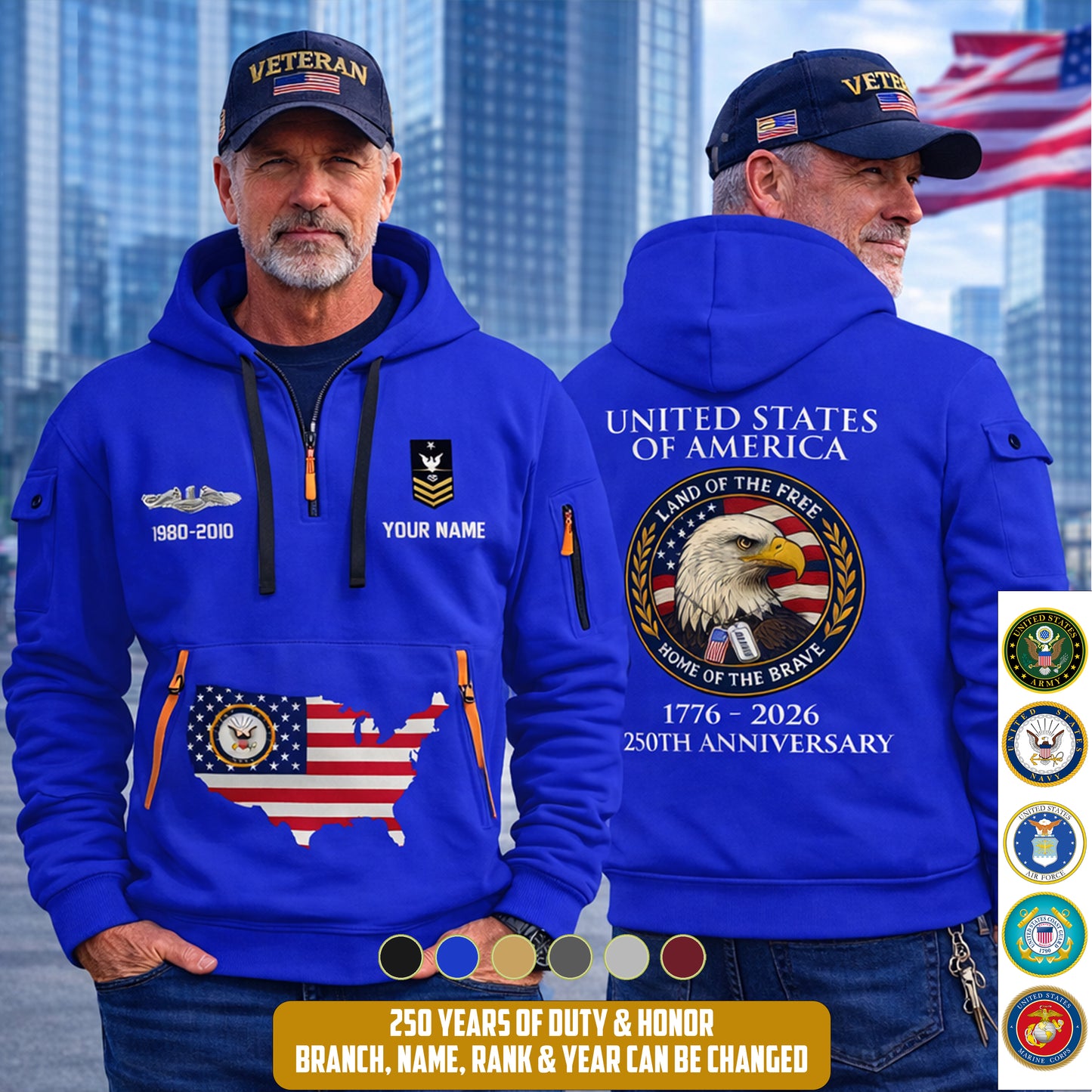 Navy Badge - Personalized 250th America Anniversary Zip Hoodie Multicolor, Land Of The Free Home Of The Brave Zip Hoodie, Custom Military Branch Hoodie - 17691264
