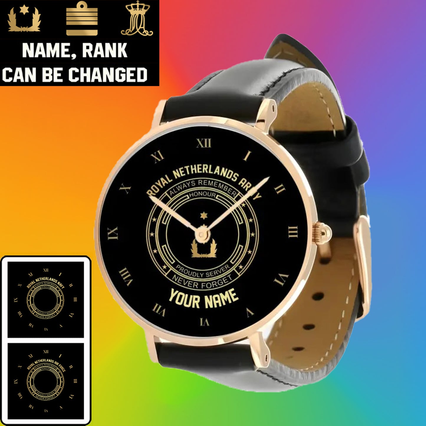 Personalized Netherlands Soldier/ Veteran With Name, Rank Black Stitched Leather Watch - 17115840 - Gold Version