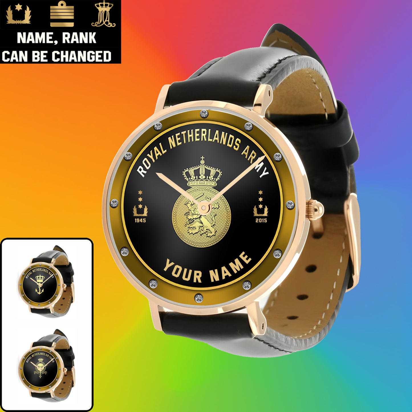 Personalized Netherlands Soldier/ Veteran With Name, Rank And Year Black Stitched Leather Watch - 17107200 - Gold Version