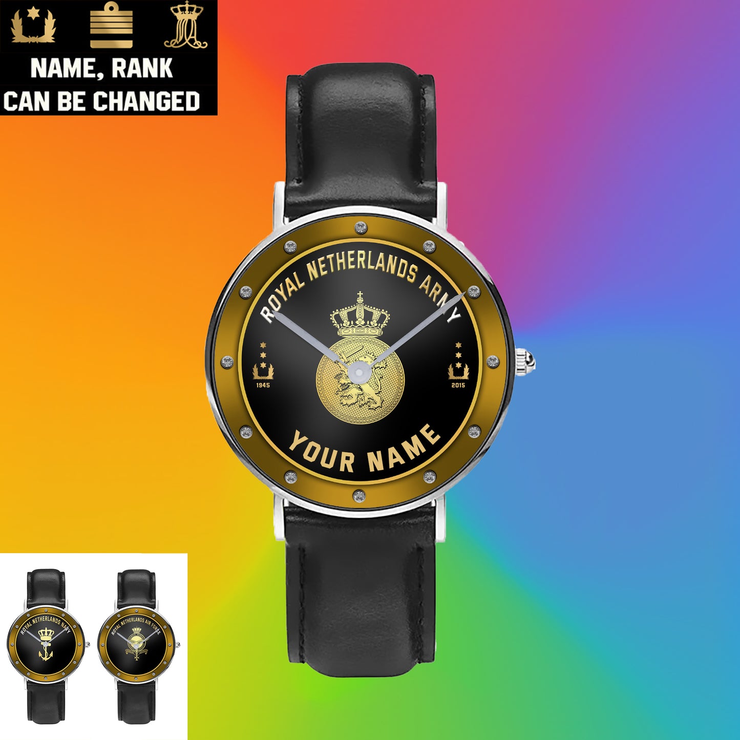 Personalized Netherlands Soldier/ Veteran With Name, Rank And Year Black Stitched Leather Watch - 17107200 - Gold Version