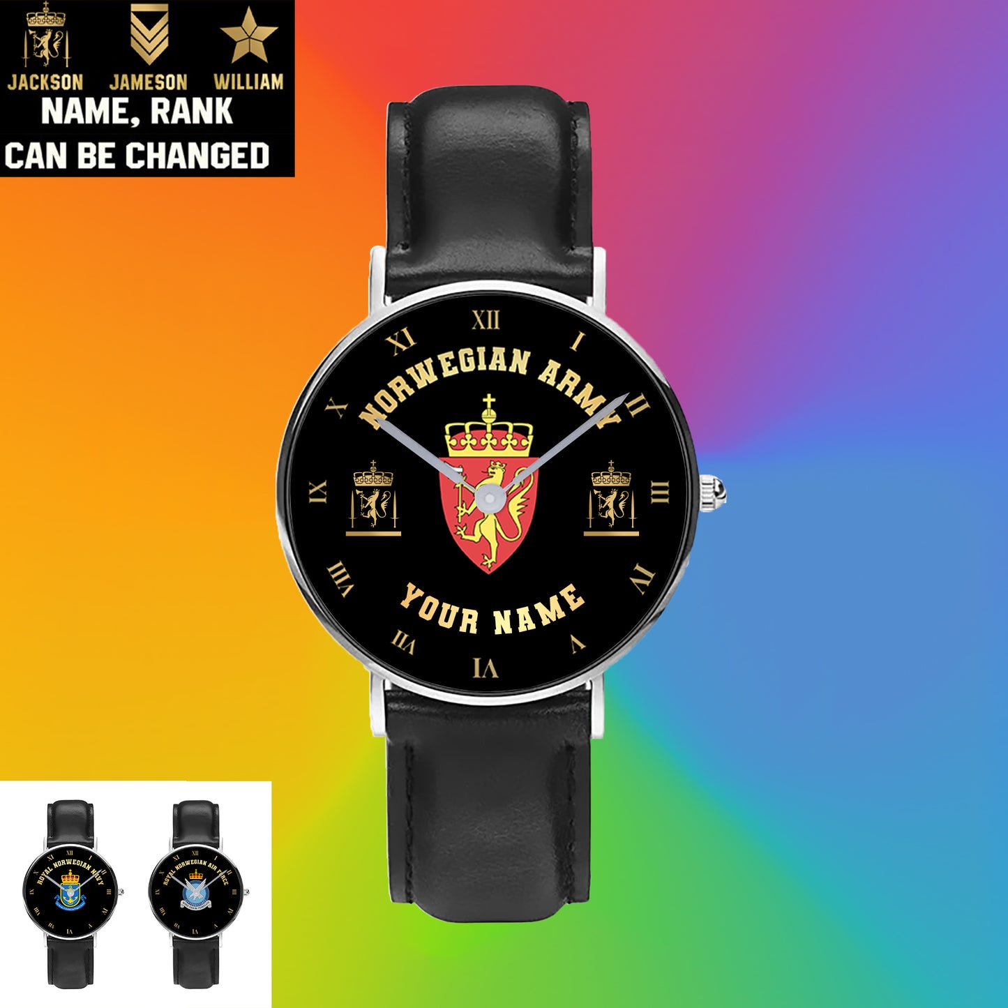 Personalized Norway Soldier/ Veteran With Name And Rank Black Stitched Leather Watch - 17098560 - Gold Version